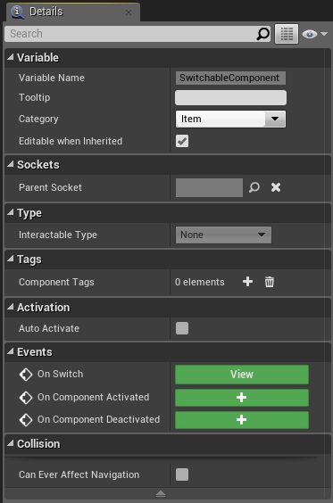 Switchable Component details panel with OnSwitch event View button