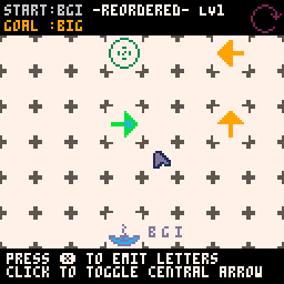 Gameplay video of REORDERED where player clicks on arrow in level to make G letter take a longer path and arrive after I to form word BIG