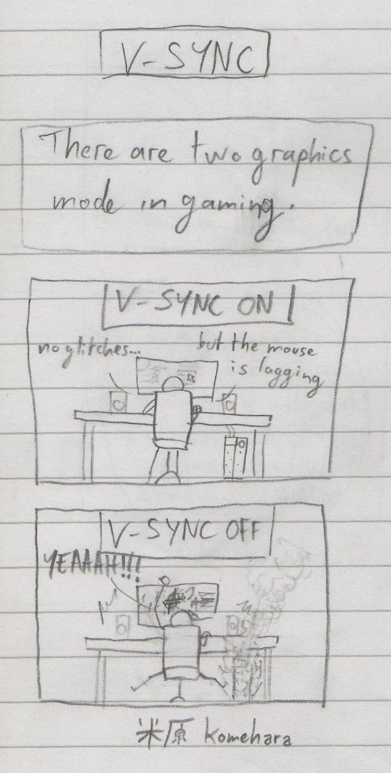 V-Sync
There are two graphics modes in gaming.
V-Sync ON: no glitches... but the mouse is lagging V-Sync OFF: YEAAAH!!! (gamer is 100% into the game, but computer is burning)
Signed: komehara
